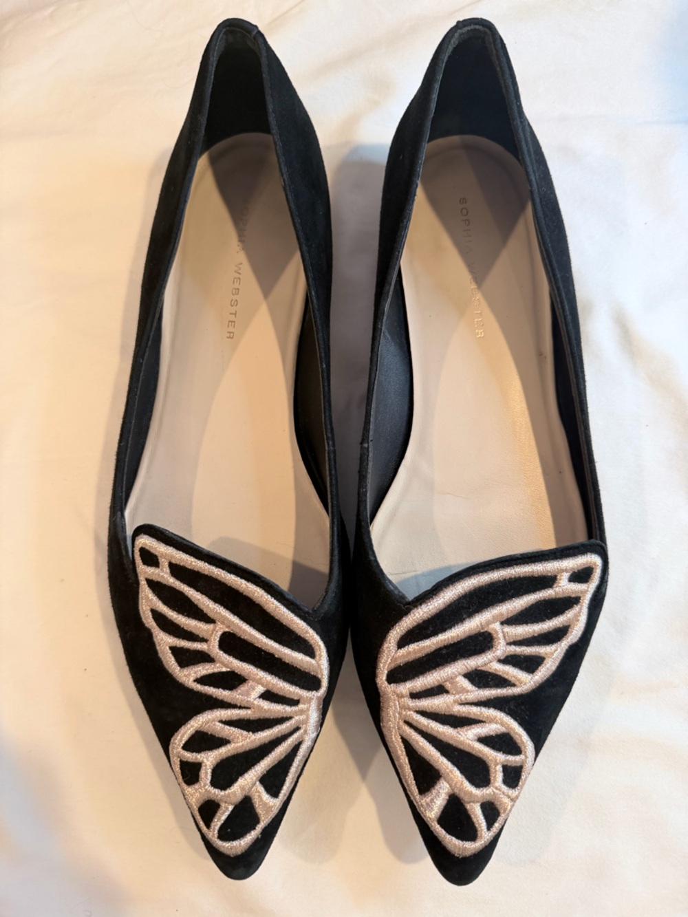 Sophia Webster Black Suede Flats with Metallic Wing Appliqué
